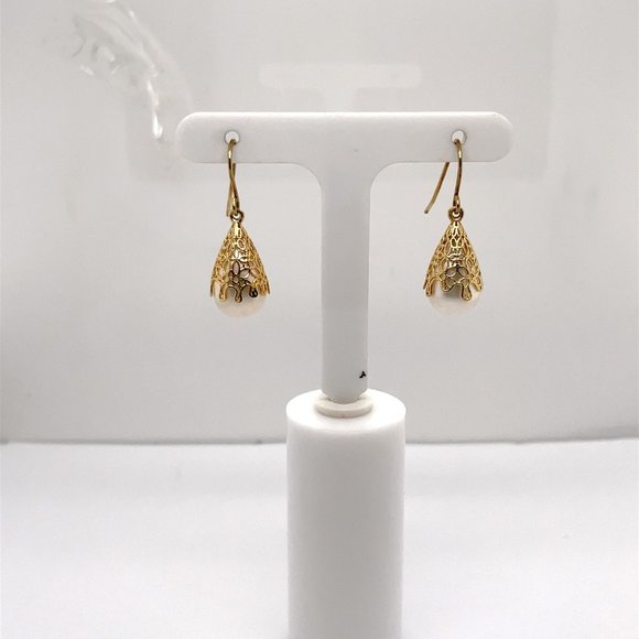 14K Yellow Gold Tear Drop Pearl Filigree Dangle Earrings - Picture 1 of 3